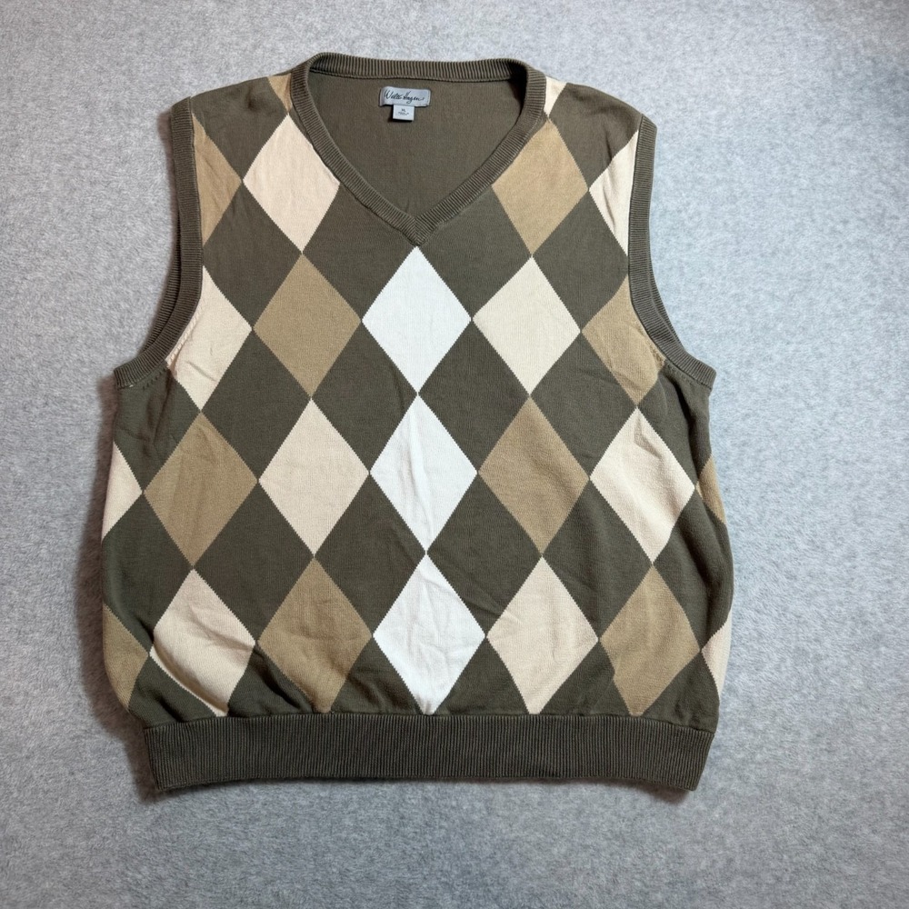 Walter Hagen Mens Argyle V Neck Sweater Vest XL Tan Brown White Cotton Golf Vest